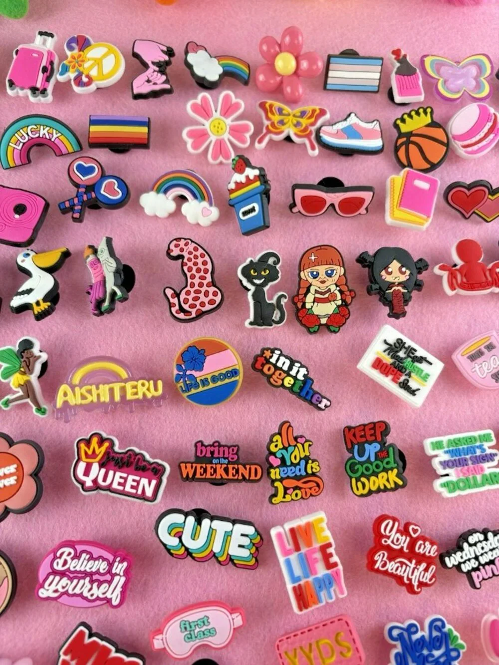Lot 87pc Mixed PVC Croc Shoe Charms Jibbitz Girl Power Pride Mixed Designs